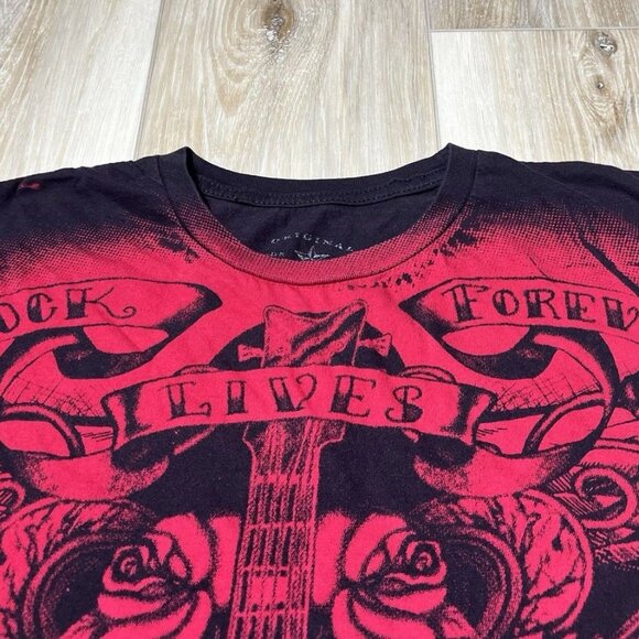 Vintage Grey Star Black/Red Guitar Print Shirt - Men Small - Picture 5 of 16